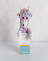 Baby Coo - Crocheted Colourful Highland Cow Toy in Box, hand-crafted crochet toy for babies.